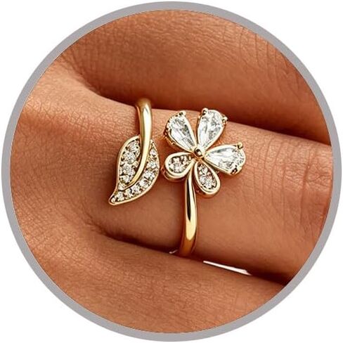Dainty Gold Rings Non Tarnish Silver Adjustable Rings for Women Sparkling CZ Leaf Flower Stackable Ring for Women Open Enamel White Red Pink Floral Stacking Ring Elegant Romantic Wedding Daily Jewelry in Kuwait