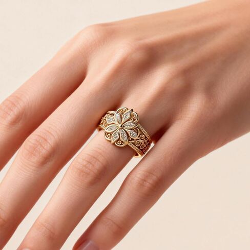 Floral Filigree Ring for Women Gold Chunky Flower Engraved Hollow Carved Vintage Classic Band Statement Rings Promise Engagement Wedding Jewelry Gift in Kuwait