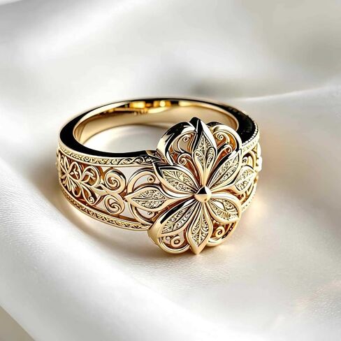 Floral Filigree Ring for Women Gold Chunky Flower Engraved Hollow Carved Vintage Classic Band Statement Rings Promise Engagement Wedding Jewelry Gift in Kuwait