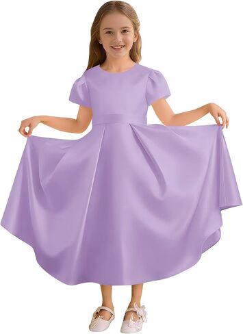 Satin Flower Girl Dress Puff Sleeve Long Junior Bridesmaid Dresses Bow Birthday Pageant Formal Wedding Gown in Saudi Arabia