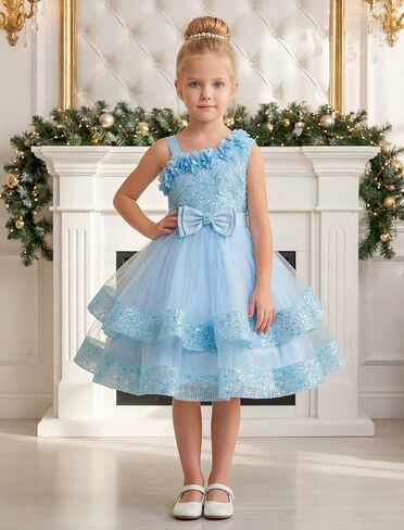Baby Girl Pageant Sparkle Sequins Dress, 3D Flower Asymmetric Shoulder Party Tiered Tulle Gowns in Kuwait