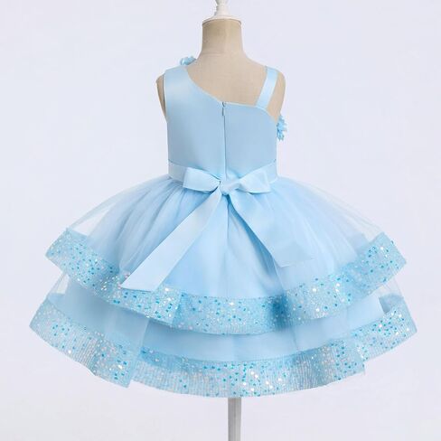 Baby Girl Pageant Sparkle Sequins Dress, 3D Flower Asymmetric Shoulder Party Tiered Tulle Gowns in Kuwait