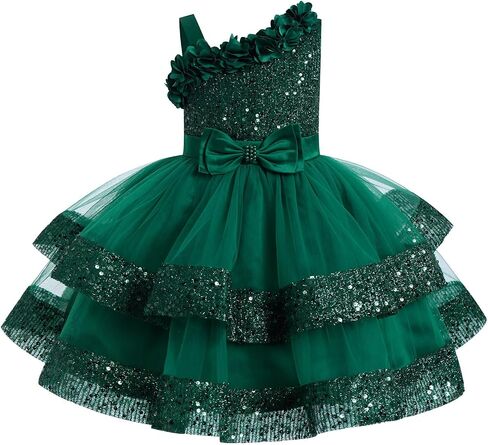 Baby Girl Pageant Sparkle Sequins Dress, 3D Flower Asymmetric Shoulder Party Tiered Tulle Gowns in Kuwait