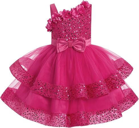 Baby Girl Pageant Sparkle Sequins Dress, 3D Flower Asymmetric Shoulder Party Tiered Tulle Gowns in Kuwait