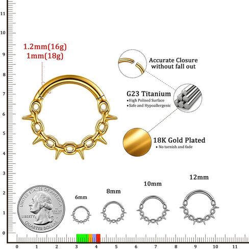 ARTFAN 16G Titanium Septum Ring Hinged Clicker Hoop with Spike Chain – G23 Hypoallergenic Nose Ring for Women Men, Cartilage Helix Daith Tragus Conch Piercing Jewelry in Kuwait