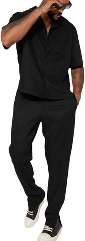 TOMITANY Men Casual 2 Piece Outfit Button Down Shirt and Pant Set Short Sleeved Lounge Set Fashion Pant Clothing Set Homewear in Saudi Arabia