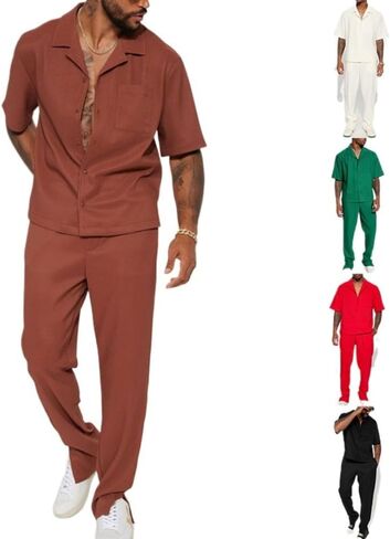 TOMITANY Men Casual 2 Piece Outfit Button Down Shirt and Pant Set Short Sleeved Lounge Set Fashion Pant Clothing Set Homewear in Saudi Arabia