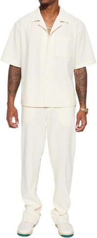 TOMITANY Men Casual 2 Piece Outfit Button Down Shirt and Pant Set Short Sleeved Lounge Set Fashion Pant Clothing Set Homewear in Saudi Arabia