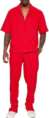 TOMITANY Men Casual 2 Piece Outfit Button Down Shirt and Pant Set Short Sleeved Lounge Set Fashion Pant Clothing Set Homewear in Saudi Arabia