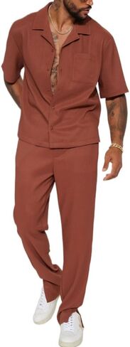 TOMITANY Men Casual 2 Piece Outfit Button Down Shirt and Pant Set Short Sleeved Lounge Set Fashion Pant Clothing Set Homewear in Saudi Arabia