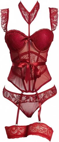 Women's 3 Piece Sexy Lingerie Set: Lace Push Up Bustier with Removable Garter Straps, Thong & Stockings | Valentine's Day, Wine Red-XL in Kuwait