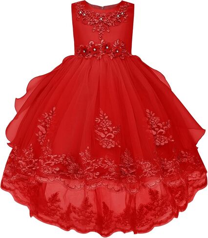 Uhnice Girls High Low Flower Girl Dress Sleeveless Tulle Lace Embroidery Party Dress for Wedding Birthday Formal Occasion in Kuwait