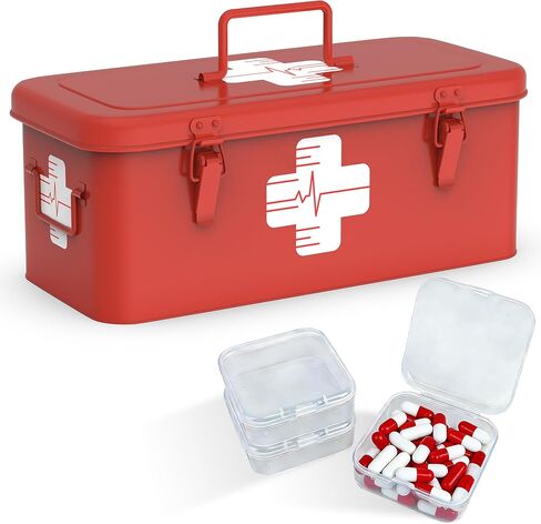 Orionstar Vintage Metal First Aid Box - Large Emergency Medicine Case with 3 Loose Pill Organizers & Top Handle - 360° Visible Medical Symbol Steel Storage for Home Car in Saudi Arabia