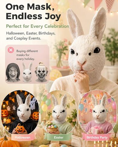 Rabbit Mask Bunny Costume Halloween Animal mask Carnival Cosplay Party Prop in Saudi Arabia