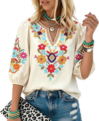 Higustar Women's Mexican Embroidered Tops Boho Fiesta Shirt Peasant Tunic Plus Size Traditional Bohemian Blouse in Saudi Arabia