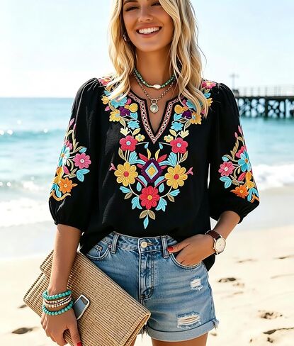 Higustar Women's Mexican Embroidered Tops Boho Fiesta Shirt Peasant Tunic Plus Size Traditional Bohemian Blouse in Saudi Arabia