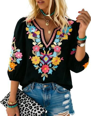 Higustar Women's Mexican Embroidered Tops Boho Fiesta Shirt Peasant Tunic Plus Size Traditional Bohemian Blouse in Saudi Arabia