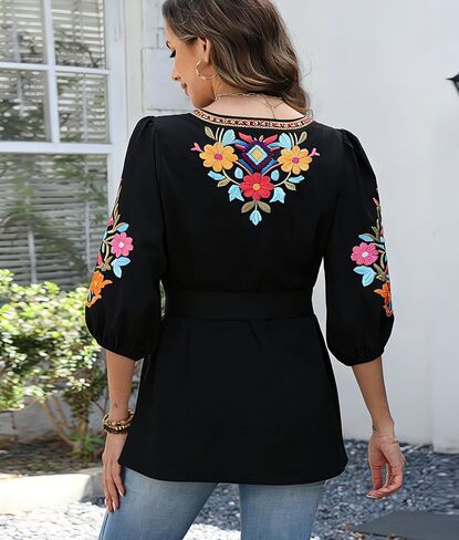 Higustar Women's Mexican Embroidered Tops Boho Fiesta Shirt Peasant Tunic Plus Size Traditional Bohemian Blouse in Saudi Arabia