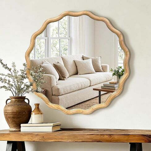 AMOISE Scalloped Round Mirror 28", Boho Wavy Wooden Frame Wall Mirror, Shatterproof Circle Accent Mirror for Bathroom, Bedroom, Entryway and Living Room in Saudi Arabia