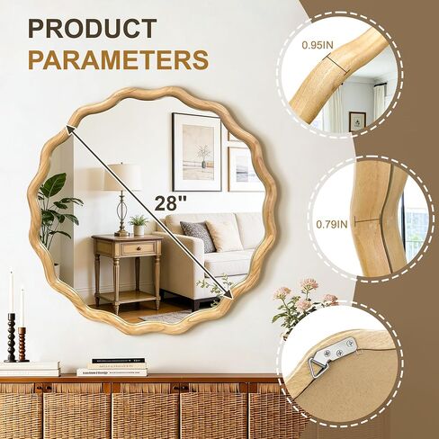 AMOISE Scalloped Round Mirror 28", Boho Wavy Wooden Frame Wall Mirror, Shatterproof Circle Accent Mirror for Bathroom, Bedroom, Entryway and Living Room in Saudi Arabia