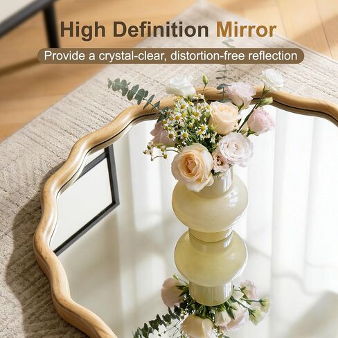 AMOISE Scalloped Round Mirror 28", Boho Wavy Wooden Frame Wall Mirror, Shatterproof Circle Accent Mirror for Bathroom, Bedroom, Entryway and Living Room in Saudi Arabia