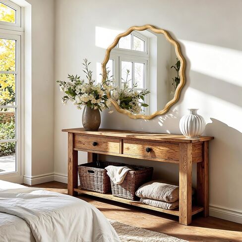 AMOISE Scalloped Round Mirror 28", Boho Wavy Wooden Frame Wall Mirror, Shatterproof Circle Accent Mirror for Bathroom, Bedroom, Entryway and Living Room in Saudi Arabia