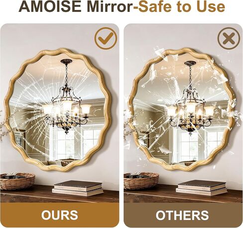 AMOISE Scalloped Round Mirror 28", Boho Wavy Wooden Frame Wall Mirror, Shatterproof Circle Accent Mirror for Bathroom, Bedroom, Entryway and Living Room in Saudi Arabia