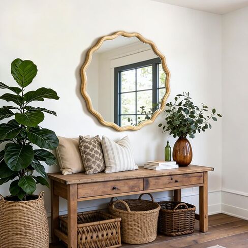 AMOISE Scalloped Round Mirror 28", Boho Wavy Wooden Frame Wall Mirror, Shatterproof Circle Accent Mirror for Bathroom, Bedroom, Entryway and Living Room in Saudi Arabia