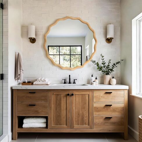 AMOISE Scalloped Round Mirror 28", Boho Wavy Wooden Frame Wall Mirror, Shatterproof Circle Accent Mirror for Bathroom, Bedroom, Entryway and Living Room in Saudi Arabia