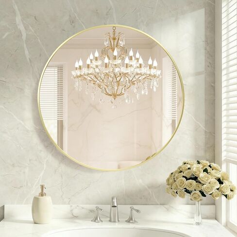DUMOS 30 Inch Round Wall Mirror, Bathroom Mirror with Metal Frame, HD Reflection Shatterproof Glass Vanity, Decor for Bathroom Vanity Bedroom Entryway, Glod in Saudi Arabia