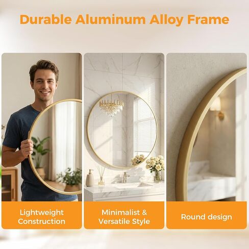 DUMOS 30 Inch Round Wall Mirror, Bathroom Mirror with Metal Frame, HD Reflection Shatterproof Glass Vanity, Decor for Bathroom Vanity Bedroom Entryway, Glod in Saudi Arabia