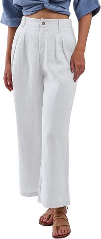 Amazhiyu Women's 100% Linen Summer High-Waisted Wide Leg Pants with Pockets White, Medium in Kuwait
