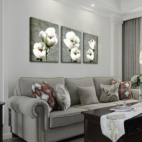 Lapremoly Canvas Wall Art For Bedroom Room Modern Wall Decor For Living Room Gray Green Vintage Style Wall Painting Artwork White Flowers Abstract Pictures 3 Panels Ready To Hang Kitchen Home Decor in Saudi Arabia