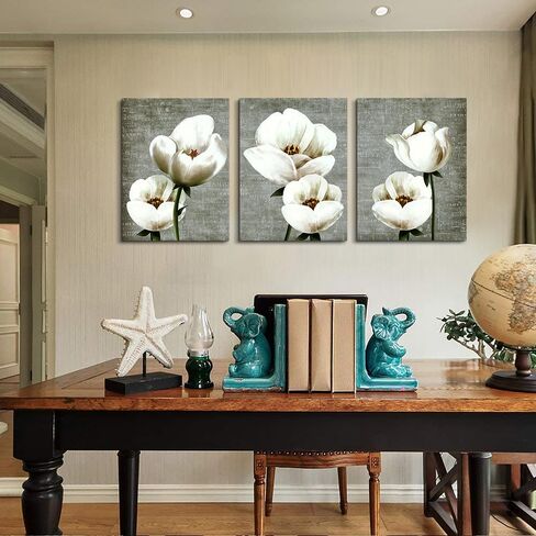 Lapremoly Canvas Wall Art For Bedroom Room Modern Wall Decor For Living Room Gray Green Vintage Style Wall Painting Artwork White Flowers Abstract Pictures 3 Panels Ready To Hang Kitchen Home Decor in Saudi Arabia