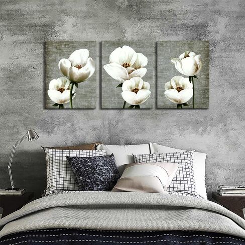 Lapremoly Canvas Wall Art For Bedroom Room Modern Wall Decor For Living Room Gray Green Vintage Style Wall Painting Artwork White Flowers Abstract Pictures 3 Panels Ready To Hang Kitchen Home Decor in Saudi Arabia