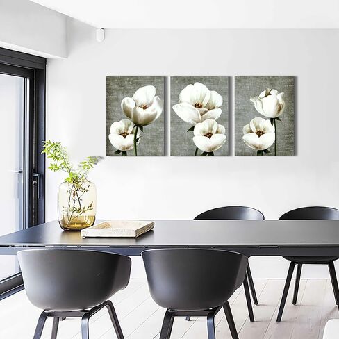 Lapremoly Canvas Wall Art For Bedroom Room Modern Wall Decor For Living Room Gray Green Vintage Style Wall Painting Artwork White Flowers Abstract Pictures 3 Panels Ready To Hang Kitchen Home Decor in Saudi Arabia
