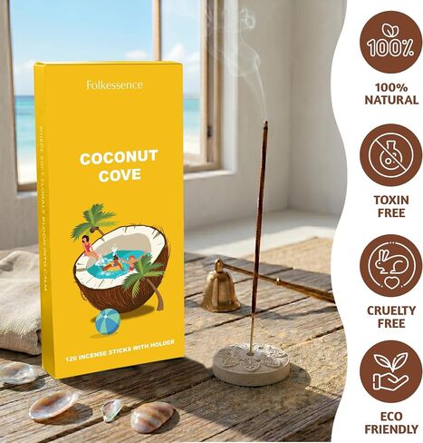 Folkulture Incense Sticks with Holder (120 Sticks) | Coconut Summer Vibes Incense for Meditation, Aromatherapy & Stress Relief| Long Burning, Charcoal-Free, Non-Toxic Incense for Summer Teacher Gifts in Kuwait