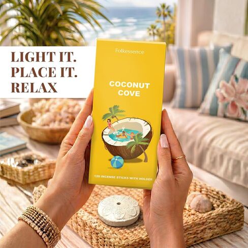 Folkulture Incense Sticks with Holder (120 Sticks) | Coconut Summer Vibes Incense for Meditation, Aromatherapy & Stress Relief| Long Burning, Charcoal-Free, Non-Toxic Incense for Summer Teacher Gifts in Kuwait