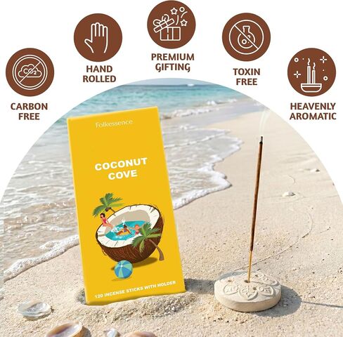 Folkulture Incense Sticks with Holder (120 Sticks) | Coconut Summer Vibes Incense for Meditation, Aromatherapy & Stress Relief| Long Burning, Charcoal-Free, Non-Toxic Incense for Summer Teacher Gifts in Kuwait