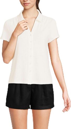 Lands' End Women's Linen Blend Short Sleeve Button Front Polo Top in Kuwait