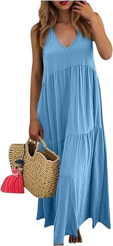 Dresses for Women Lightweight Casual Solid Color Flowy Beach Dress Summer V Neck Sleeveless Tiered Maxi Dress in Saudi Arabia
