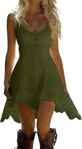 Dresses for Women Summer Lightweight Casual Solid Color Flowy Beach Dress V Neck Spaghetti Strap High Low Mini Dress in Saudi Arabia