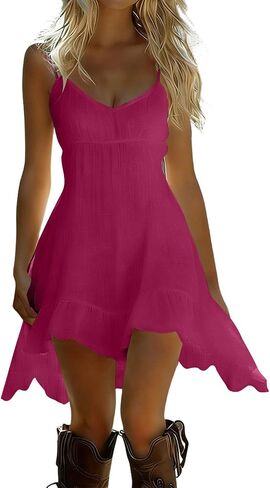 Dresses for Women Summer Lightweight Casual Solid Color Flowy Beach Dress V Neck Spaghetti Strap High Low Mini Dress in Saudi Arabia