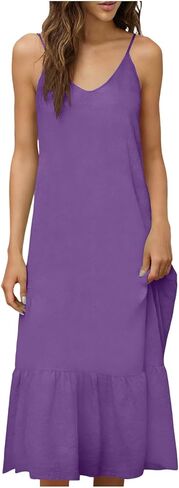 Women's Dresses Summer Lightweight Casual Solid Color Flowy Beach Dress Spaghetti Strap Tiered Midi Dress in Saudi Arabia