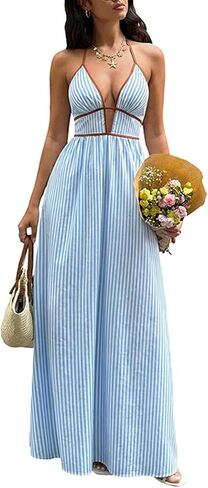 Women's Dresses Summer Striped Spaghetti Strap Maxi Dress for Vacation Holiday Lightweight Casual Flowy Beach Dress in Saudi Arabia