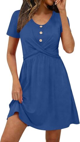 Womens Dress Summer Short Sleeve Waist Dresses for Vacation Daily Lightweight Casual Solid Color Flowy Beach Dress in Saudi Arabia