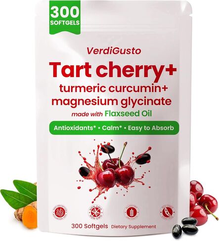 Tart Cherry Softgels | 500mg Cherry Extract Supplement | 300 Count | Magnesium Glycinate & Turmeric | Antioxidant Support | Tart Cherry Supplement with Flaxseed Oil | Gluten Free, Non-GMO, Soy Free in Saudi Arabia