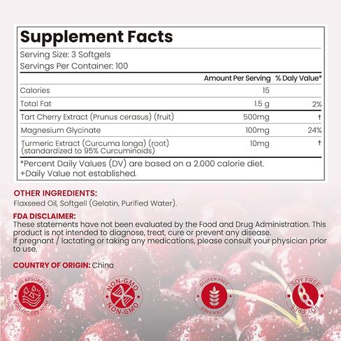 Tart Cherry Softgels | 500mg Cherry Extract Supplement | 300 Count | Magnesium Glycinate & Turmeric | Antioxidant Support | Tart Cherry Supplement with Flaxseed Oil | Gluten Free, Non-GMO, Soy Free in Saudi Arabia