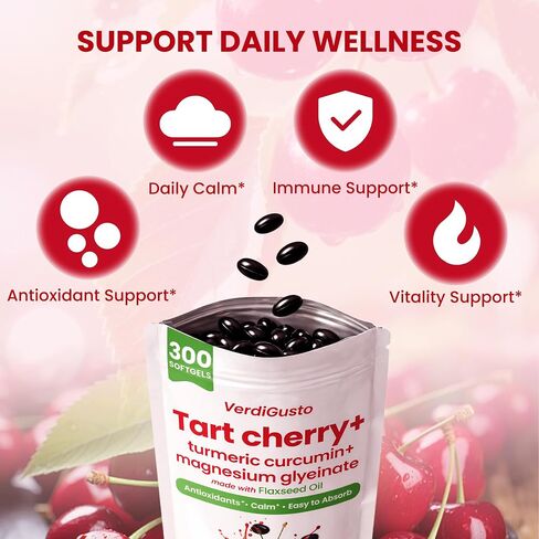 Tart Cherry Softgels | 500mg Cherry Extract Supplement | 300 Count | Magnesium Glycinate & Turmeric | Antioxidant Support | Tart Cherry Supplement with Flaxseed Oil | Gluten Free, Non-GMO, Soy Free in Saudi Arabia