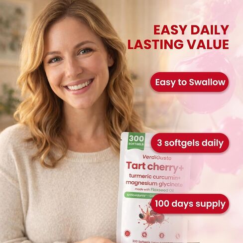 Tart Cherry Softgels | 500mg Cherry Extract Supplement | 300 Count | Magnesium Glycinate & Turmeric | Antioxidant Support | Tart Cherry Supplement with Flaxseed Oil | Gluten Free, Non-GMO, Soy Free in Saudi Arabia